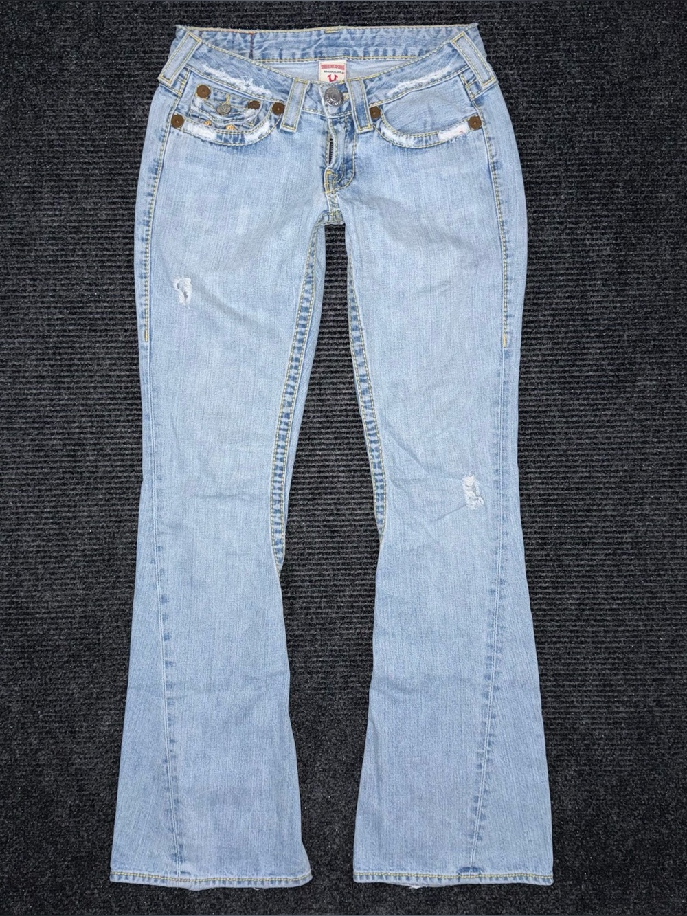 RARE Vintage True Religion Ultra Low Rise Twisted Flare Jeans Distressed 27 x 33 - Picture 2 of 14
